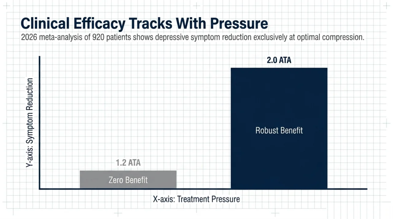Bar chart from a 2026 meta-analysis showing a depressive symptom benefit at 2.0 ATA but none at 1.2 ATA