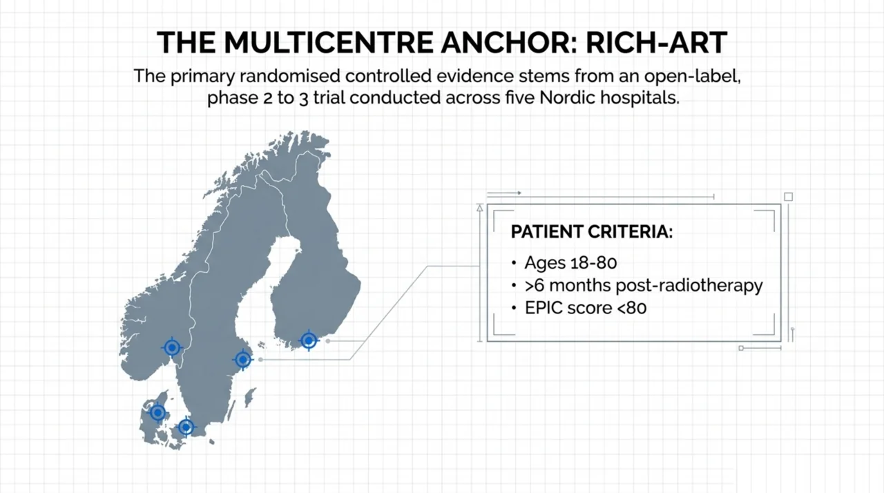 Map of the five Nordic hospitals in the RICH-ART trial with its patient criteria: ages 18 to 80, at least 6 months after radiotherapy, and an EPIC urinary score below 80.