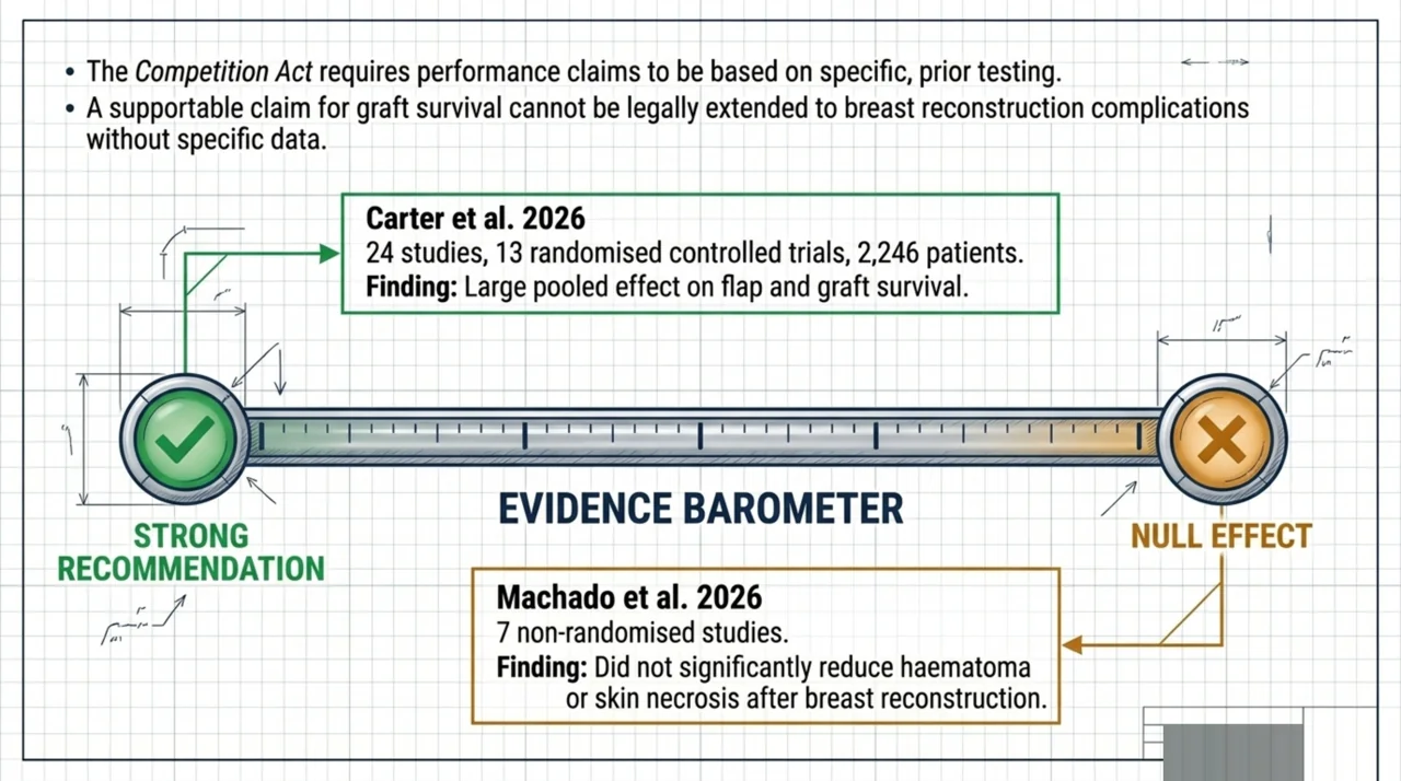 Evidence comparison showing a strong recommendation for HBOT in flap and graft survival versus a null effect for breast reconstruction complications