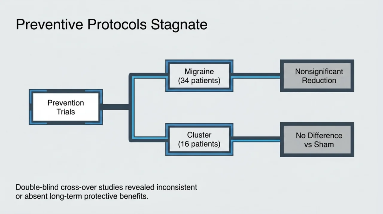 Flow diagram showing hyperbaric oxygen prevention trials in migraine and cluster headache returning nonsignificant or no difference versus sham results.