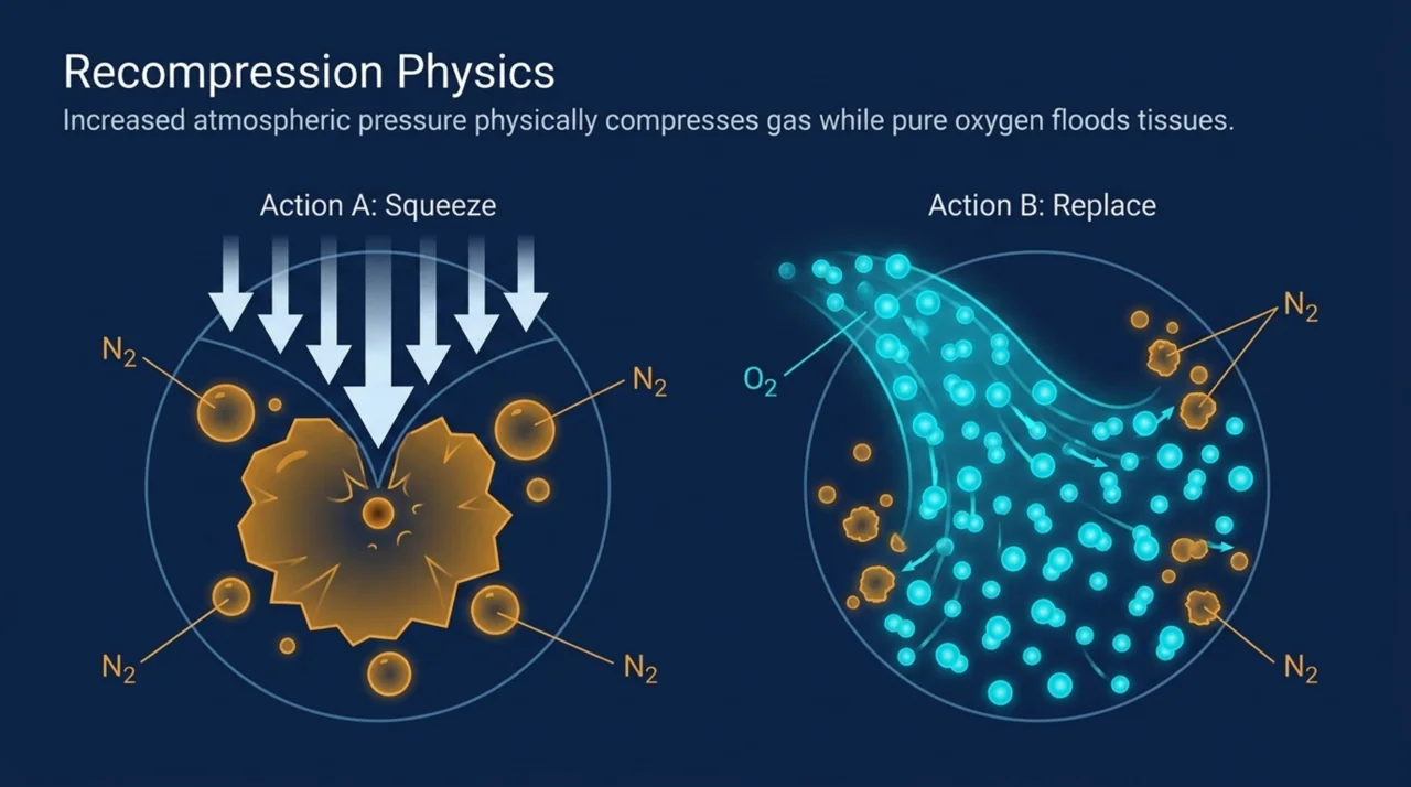 Illustration of recompression: increased pressure squeezes nitrogen bubbles smaller while breathing pure oxygen replaces the trapped nitrogen in the tissues