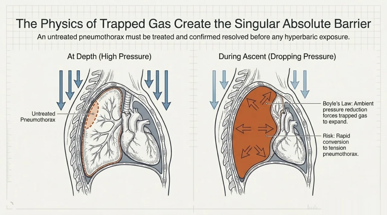 Diagram showing how an untreated pneumothorax can expand during ascent under Boyle's Law, the single absolute contraindication to hyperbaric oxygen therapy