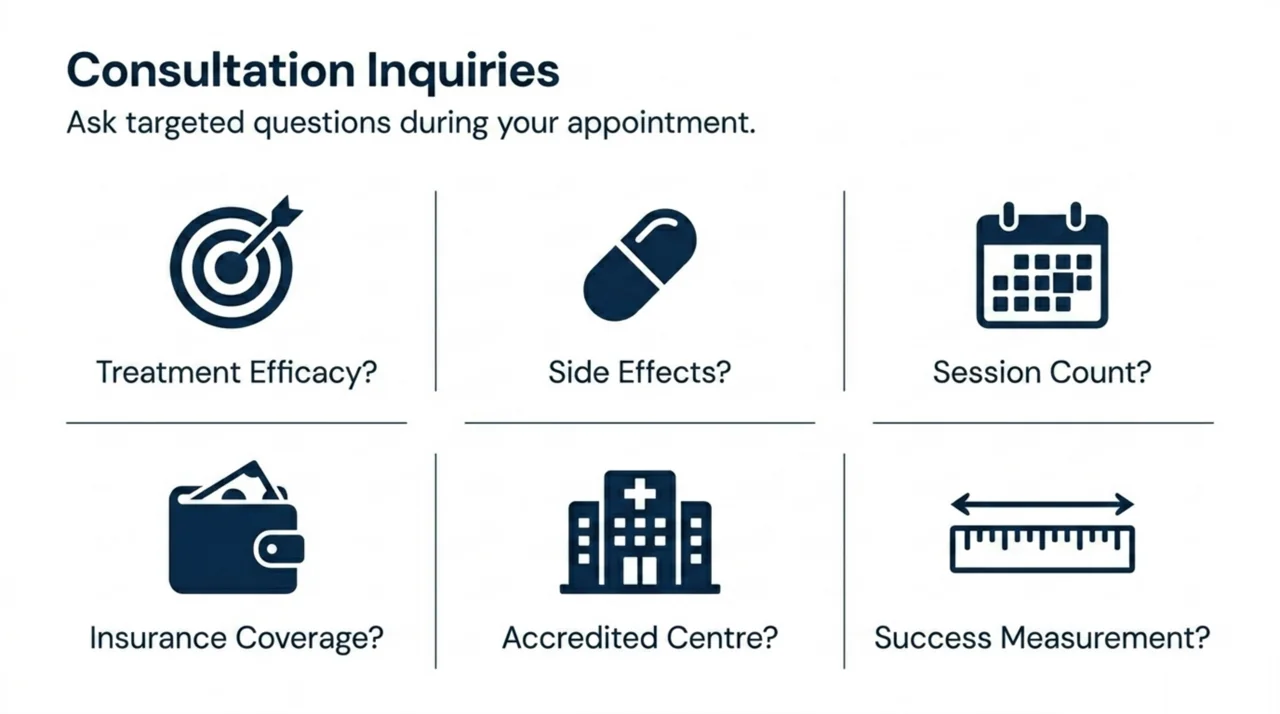Icon row of key questions to ask your doctor about HBOT: treatment efficacy, side effects, session count, insurance coverage, accredited centre and how success is measured