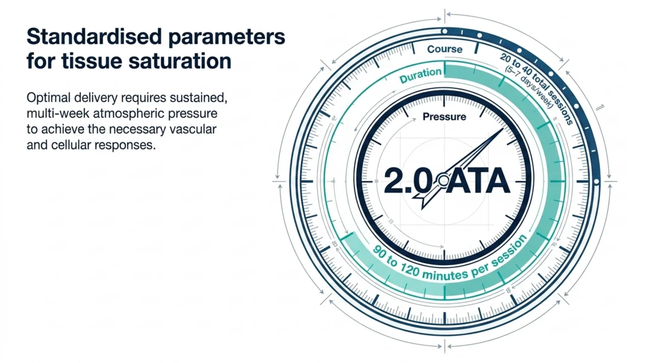 Gauge summarising a typical hyperbaric oxygen protocol for osteomyelitis of about 2.0 atmospheres absolute, 90 to 120 minutes per session and roughly 20 to 40 daily sessions