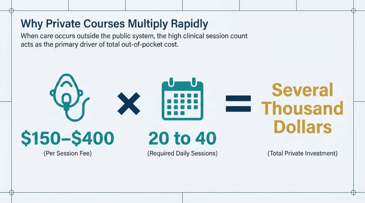 Diagram showing how a per-session private fee multiplied by a course of 20 to 40 sessions can total several thousand dollars