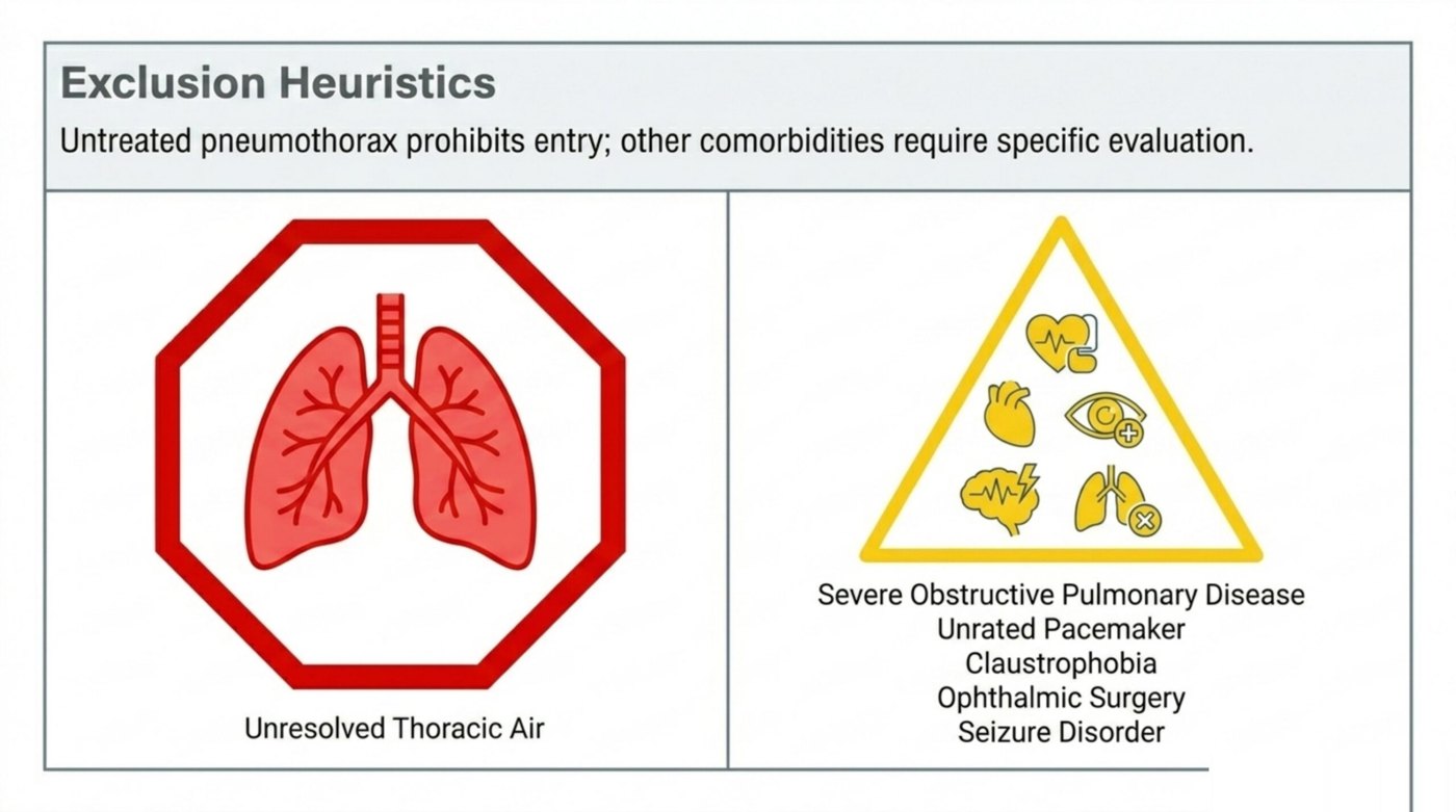 Pre-referral contraindication screen: untreated pneumothorax is the only absolute contraindication; severe COPD, an unrated pacemaker, claustrophobia, recent ophthalmic surgery, and seizure disorder require individual evaluation.