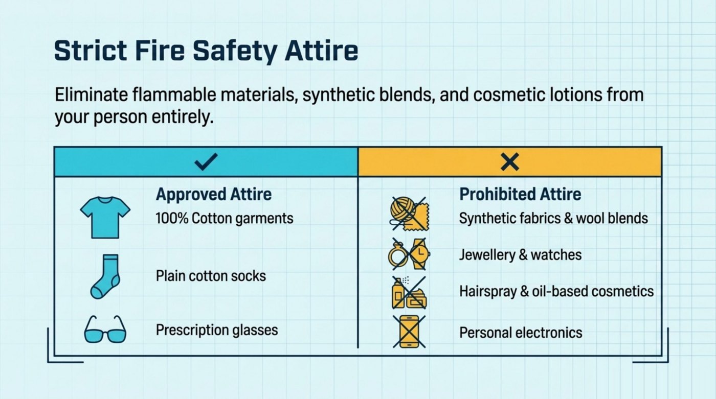 What to wear to an HBOT session: 100% cotton garments, plain cotton socks, and prescription glasses are allowed, while synthetic fabrics, jewellery, watches, hairspray, oil-based cosmetics, and personal electronics are prohibited for fire safety.