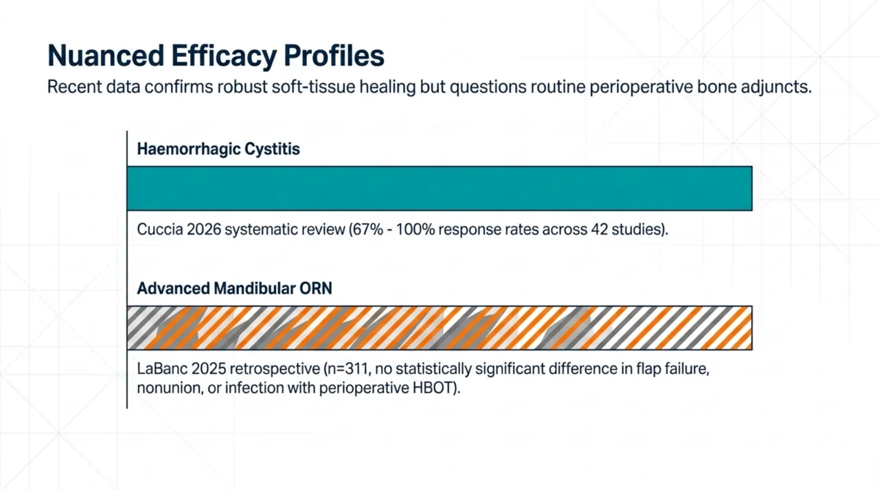 Comparison chart of HBOT efficacy showing high response in haemorrhagic cystitis (Cuccia 2026) versus no statistically significant difference in advanced mandibular ORN surgical outcomes (LaBanc 2025)