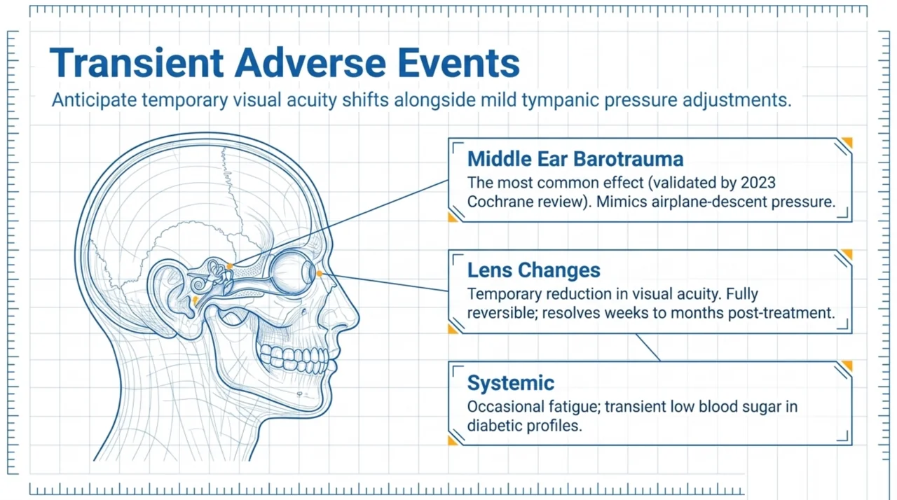 Transient HBOT side effects: middle ear barotrauma as the most common, temporary reversible changes in visual acuity, and occasional fatigue or lower blood sugar in people with diabetes