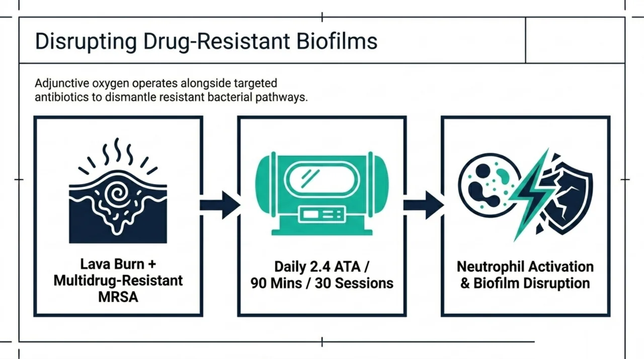 Flow diagram of a case report: a lava burn with drug-resistant MRSA treated with hyperbaric oxygen at 2.4 ATA for 90 minutes over 30 sessions, supporting neutrophil activity and biofilm disruption.