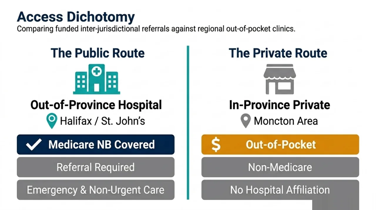 Comparison of the public route, an out-of-province hospital covered by Medicare NB, and the private out-of-pocket route in New Brunswick