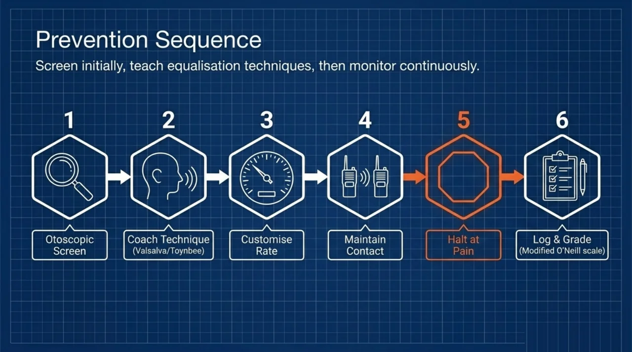 Six-step prevention sequence: otoscopic screen, coach equalisation technique, customise compression rate, maintain contact, halt at pain, and log and grade