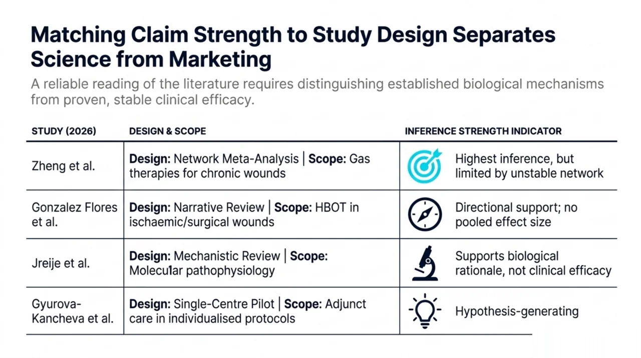 Table matching four 2026 studies to their design and inference strength, from network meta-analysis to single-centre pilot