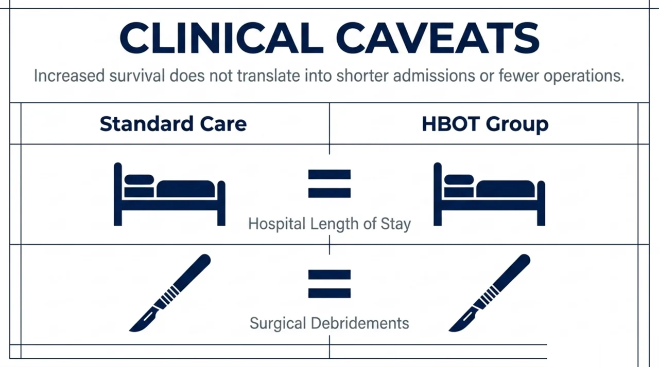 Comparison showing adjunctive HBOT is associated with improved survival but does not shorten hospital length of stay or reduce the number of surgical debridements.