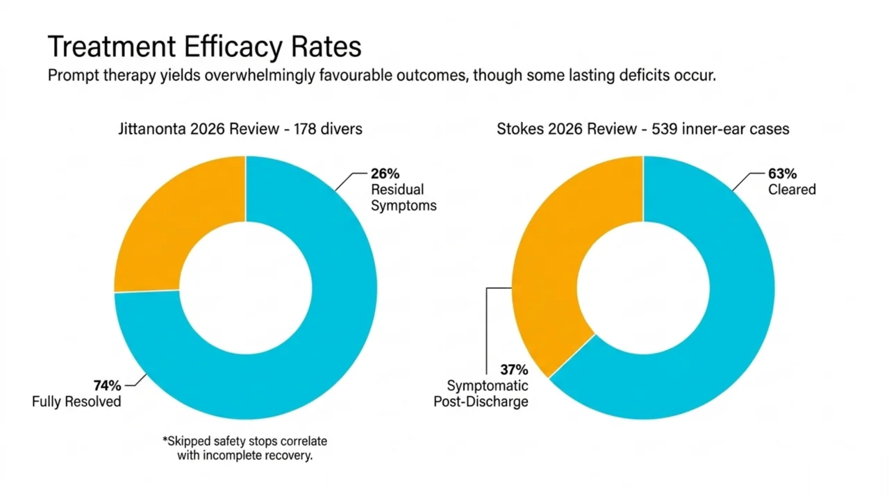 Two donut charts of decompression illness outcomes: in a 178-diver review about 74 percent fully resolved, and in a 539-case inner-ear review 37 percent still had symptoms at discharge