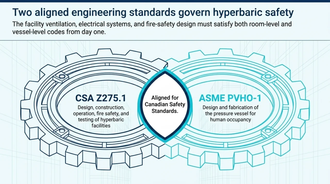 Two interlocking gears showing the aligned engineering standards for hyperbaric safety: CSA Z275.1 for facility design and operation and ASME PVHO-1 for the pressure vessel.