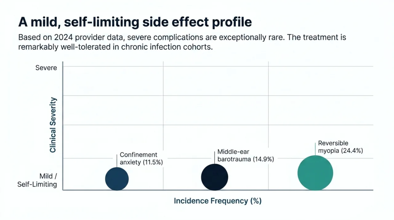 Chart showing the mild, self-limiting side-effect profile of hyperbaric oxygen therapy, with reversible myopia, middle-ear barotrauma and confinement anxiety as the most common effects