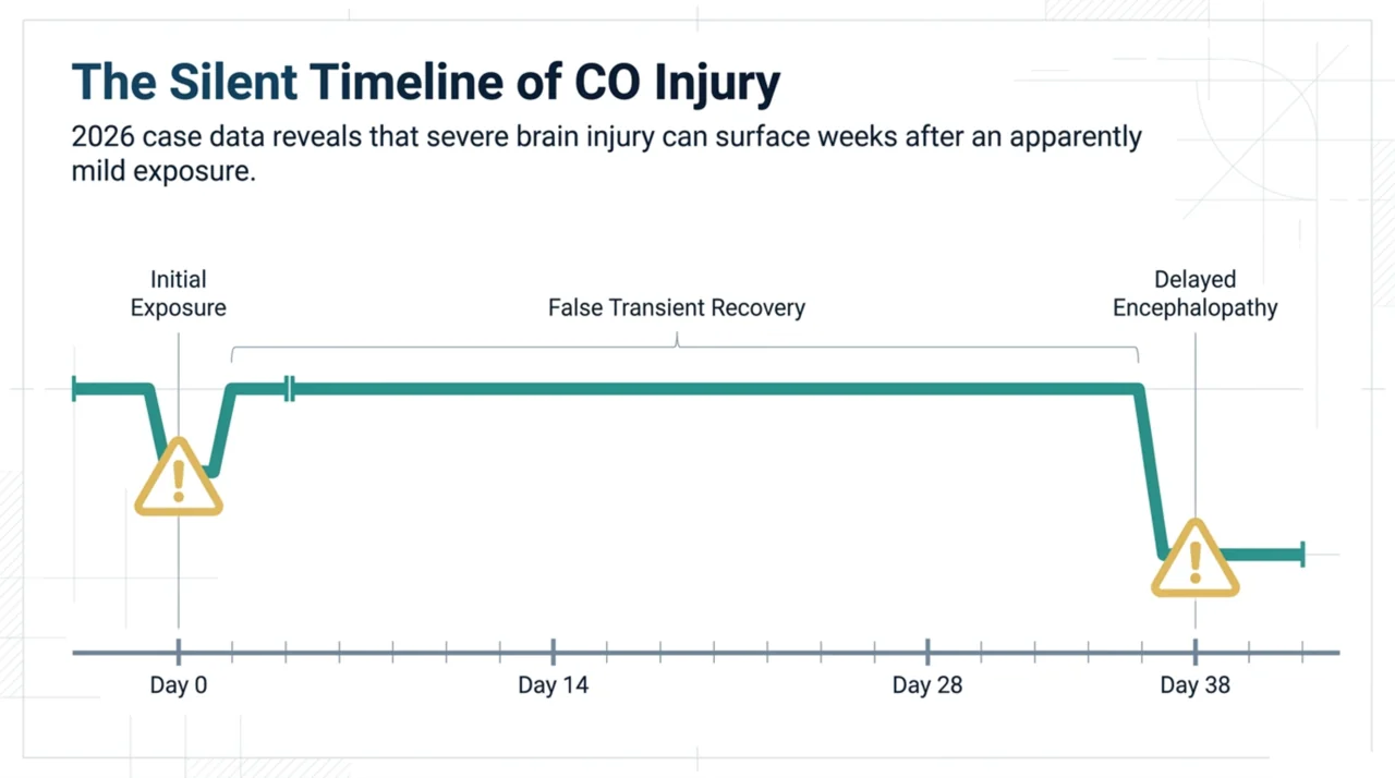 Timeline showing carbon monoxide injury with an apparent recovery followed by delayed encephalopathy around day 38.