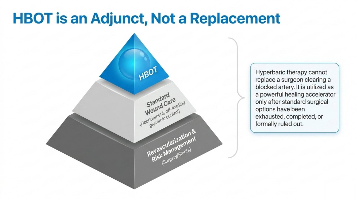 Pyramid showing HBOT as an adjunct above standard wound care and revascularisation, not a replacement for surgery to clear a blocked artery