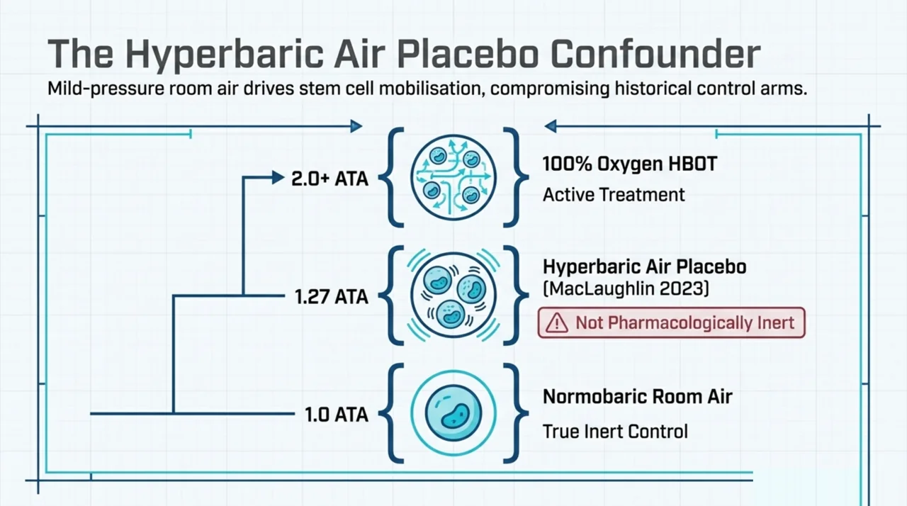 Diagram comparing 100 percent oxygen HBOT at 2 ATA, hyperbaric air at 1.27 ATA, and normobaric room air as control gas options