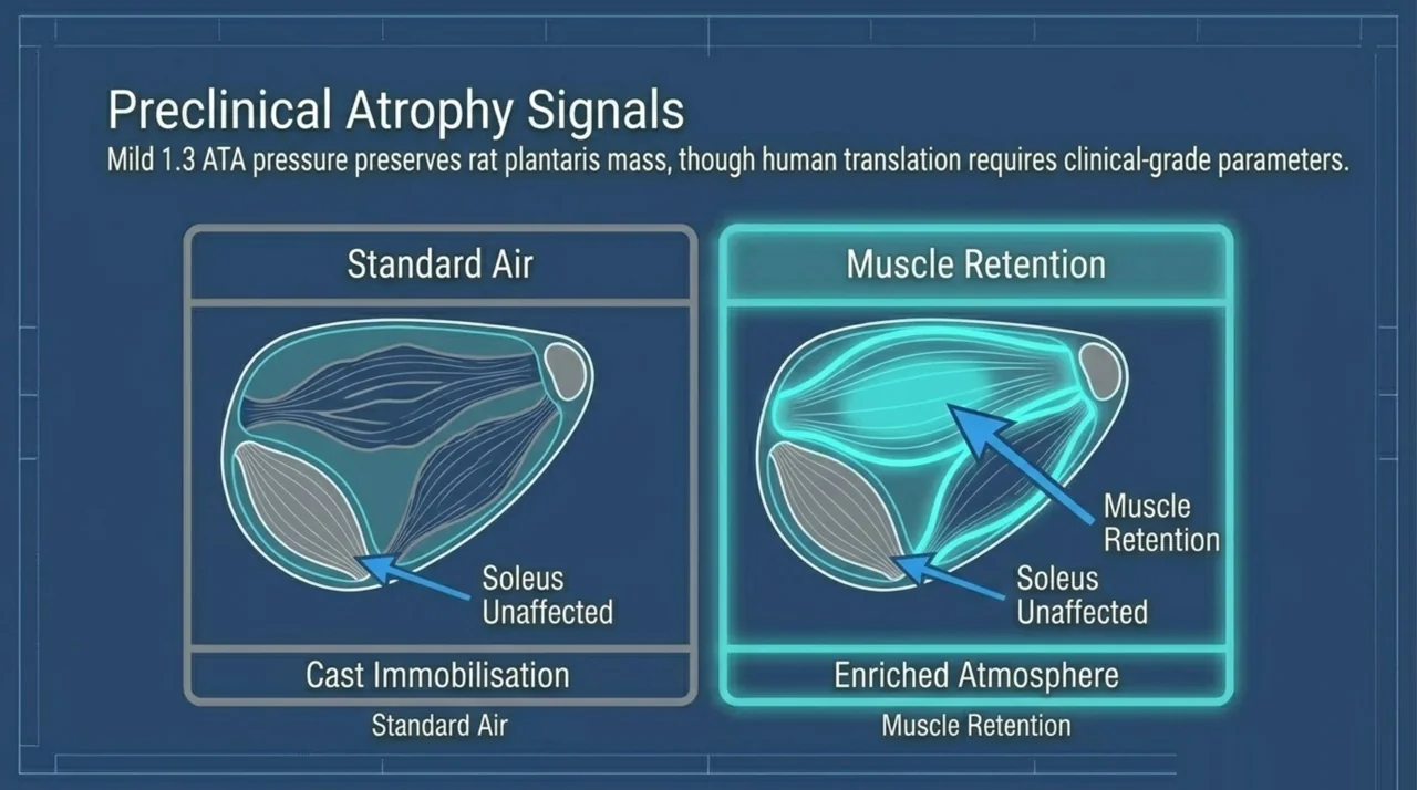 Animal-model diagram contrasting muscle atrophy under cast immobilisation with muscle retention under mild hyperbaric pressure, soleus unaffected