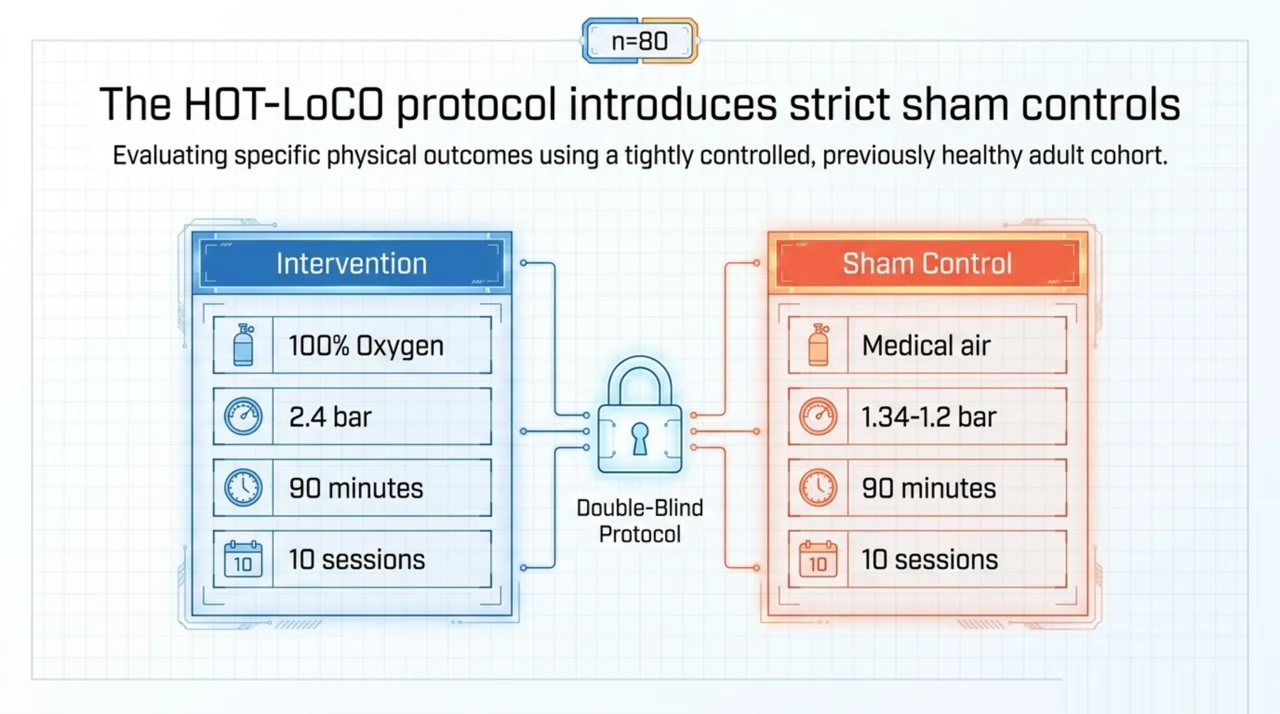 HOT-LoCO trial design comparing 100% oxygen at 2.4 bar with sham medical air at 1.2 to 1.34 bar, 90 minutes for 10 sessions, double-blind, 80 patients