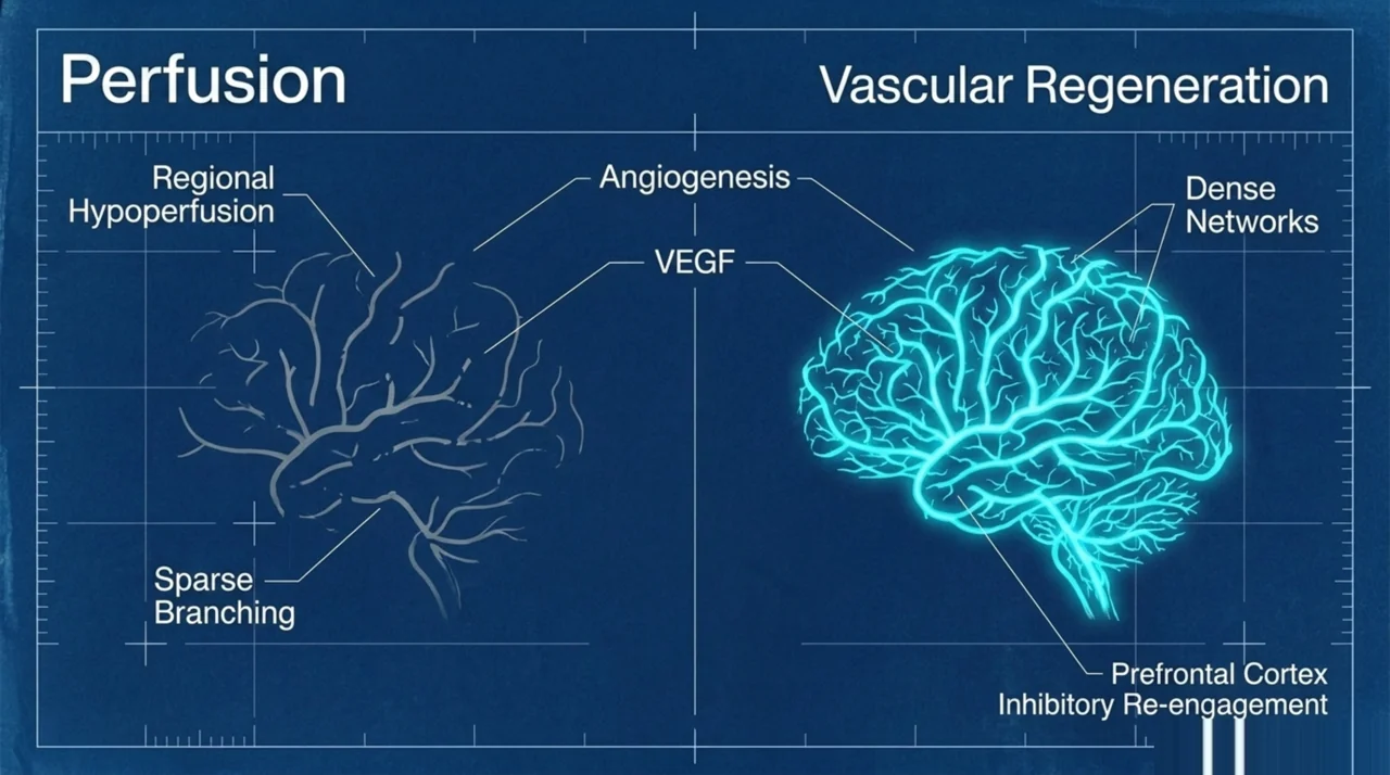Mechanism diagram showing HBOT promoting angiogenesis through VEGF to reverse regional cerebral hypoperfusion in PTSD-affected brain regions
