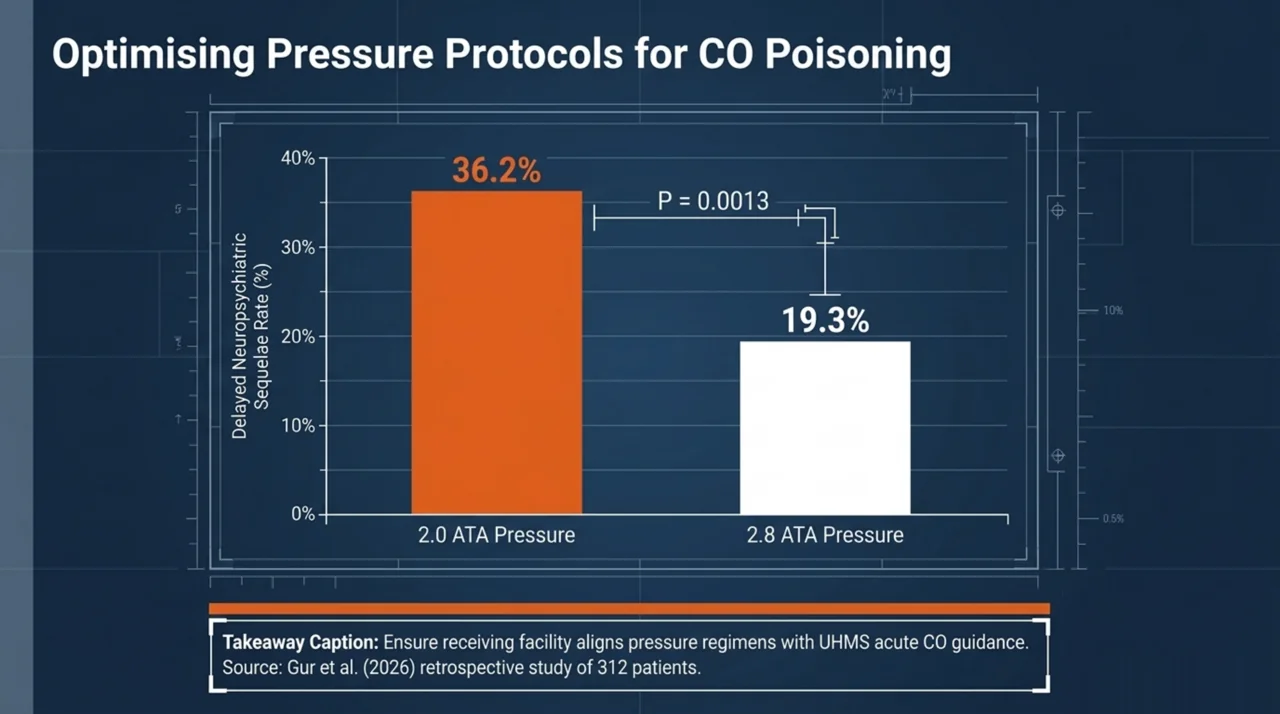 Bar chart of delayed neuropsychiatric sequelae rates at 2.0 ATA versus 2.8 ATA pressure regimens for carbon monoxide poisoning.