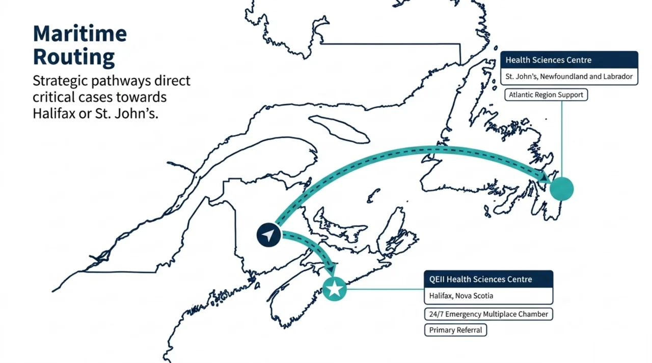 Map showing New Brunswick referrals routed to the QEII Health Sciences Centre in Halifax or the Health Sciences Centre in St. John's