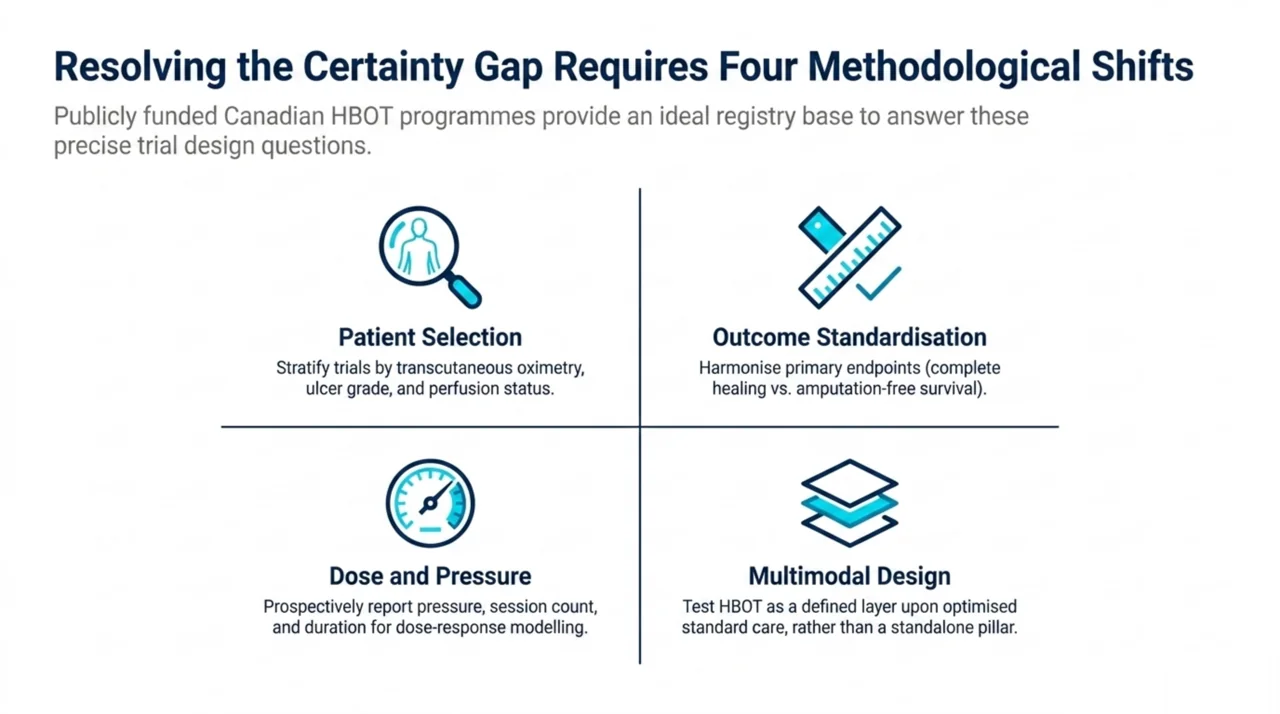 Four-quadrant diagram of methodological shifts for future trials: patient selection, outcome standardisation, dose and pressure reporting, and multimodal design