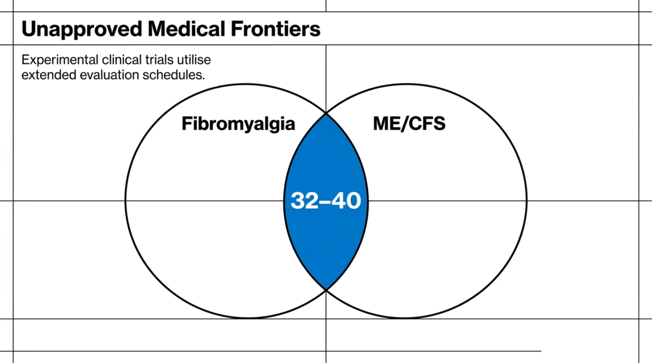 Venn diagram showing investigational HBOT research courses of 32 to 40 sessions for fibromyalgia and ME/CFS.