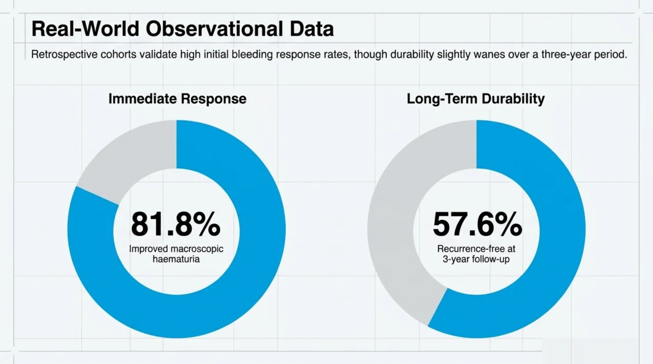 Retrospective outcome data: 81.8 percent of patients improved macroscopic haematuria and 57.6 percent remained recurrence-free at three years.