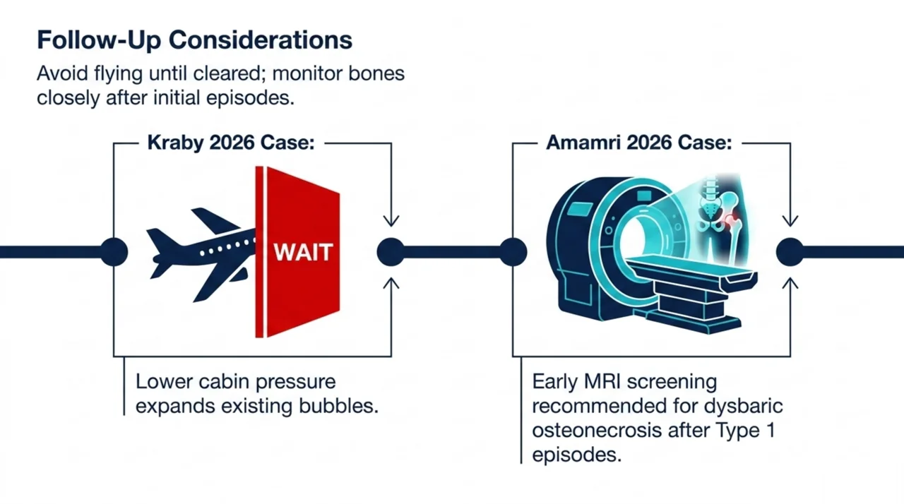 Follow-up after decompression sickness: wait before flying because lower cabin pressure expands bubbles, and consider early MRI screening for bone injury after a Type 1 episode