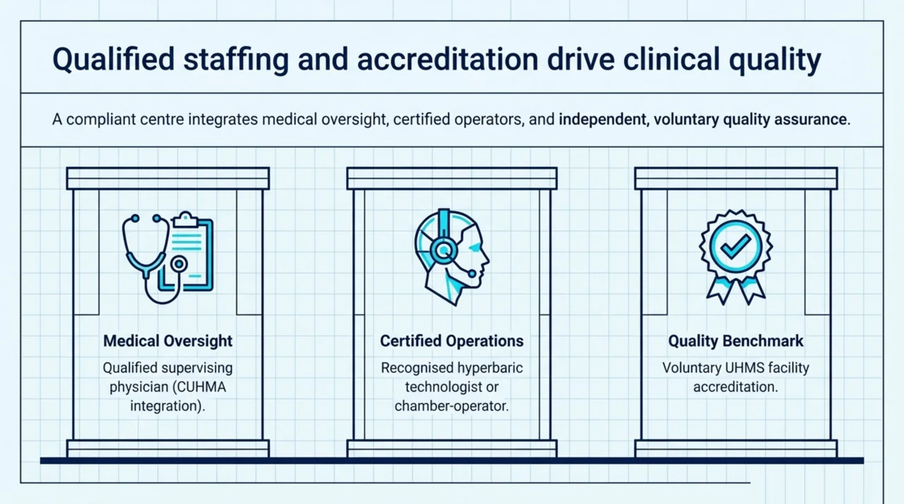Three pillars of hyperbaric clinic quality: medical oversight by a qualified supervising physician, certified hyperbaric operators, and voluntary UHMS facility accreditation.