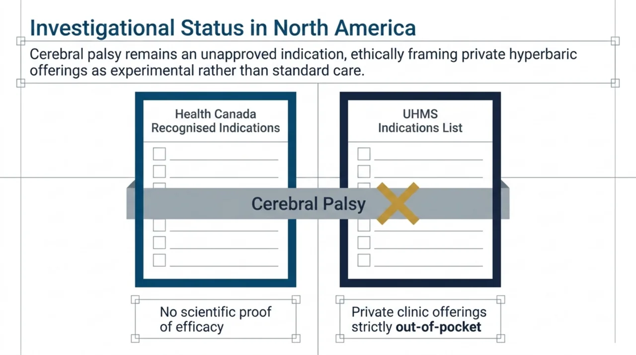 Diagram showing cerebral palsy is not a recognised hyperbaric indication for Health Canada or the UHMS and remains an investigational, out-of-pocket option.