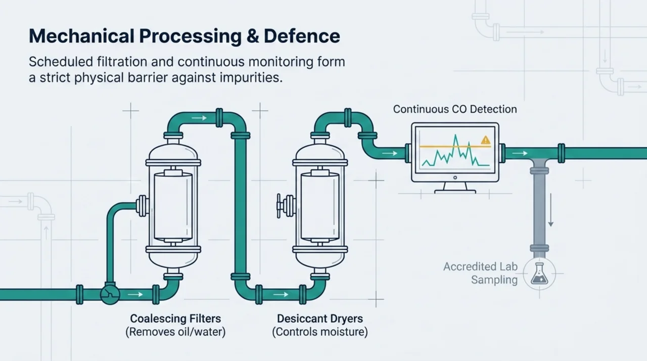 Schematic of a breathing-air processing train: coalescing filters, desiccant dryers, continuous carbon monoxide detection, and accredited lab sampling.