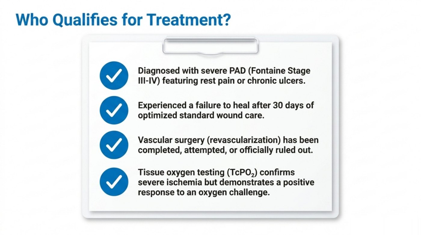Checklist of HBOT candidacy criteria for peripheral arterial disease: Fontaine stage III to IV with rest pain or chronic ulcers, failure to heal after 30 days of standard care, revascularisation addressed, and TcPO2 confirming ischaemia with a positive oxygen response