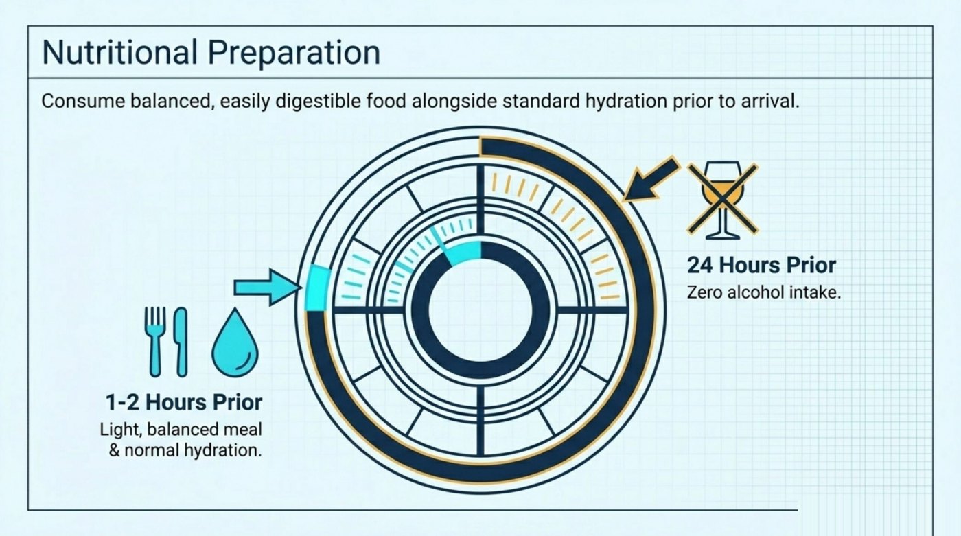 Eating before HBOT: have a light, balanced, easily digestible meal with normal hydration one to two hours before arrival, and avoid alcohol in the 24 hours beforehand.