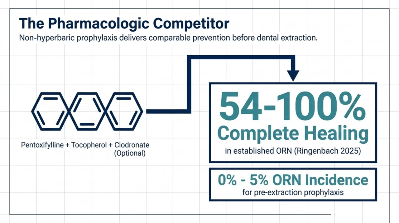 Pharmacologic alternative to HBOT: PENTOCLO protocol (pentoxifylline plus tocopherol plus optional clodronate) associated with 54 to 100 percent complete healing in established ORN and 0 to 5 percent ORN incidence in pre-extraction prophylaxis per Ringenbach 2025