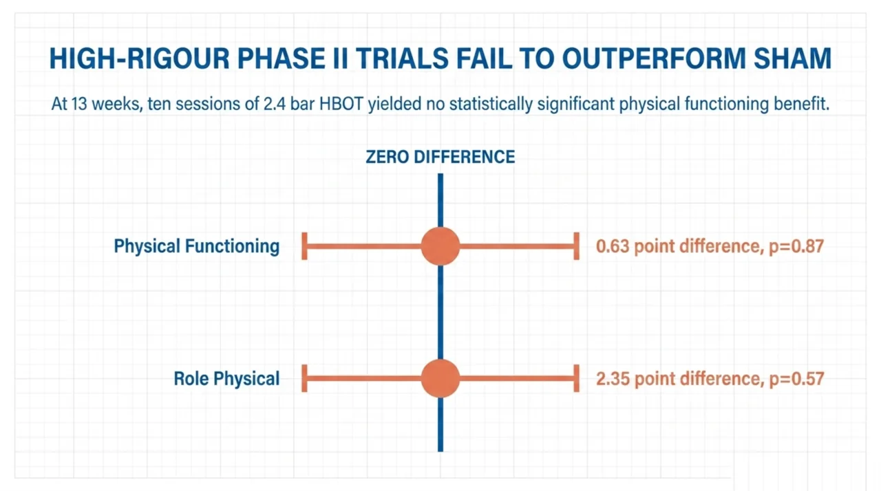 HOT-LoCO null results at 13 weeks: Physical Functioning differed by 0.63 points (p=0.87) and Role Physical by 2.35 points (p=0.57), no significant benefit over sham