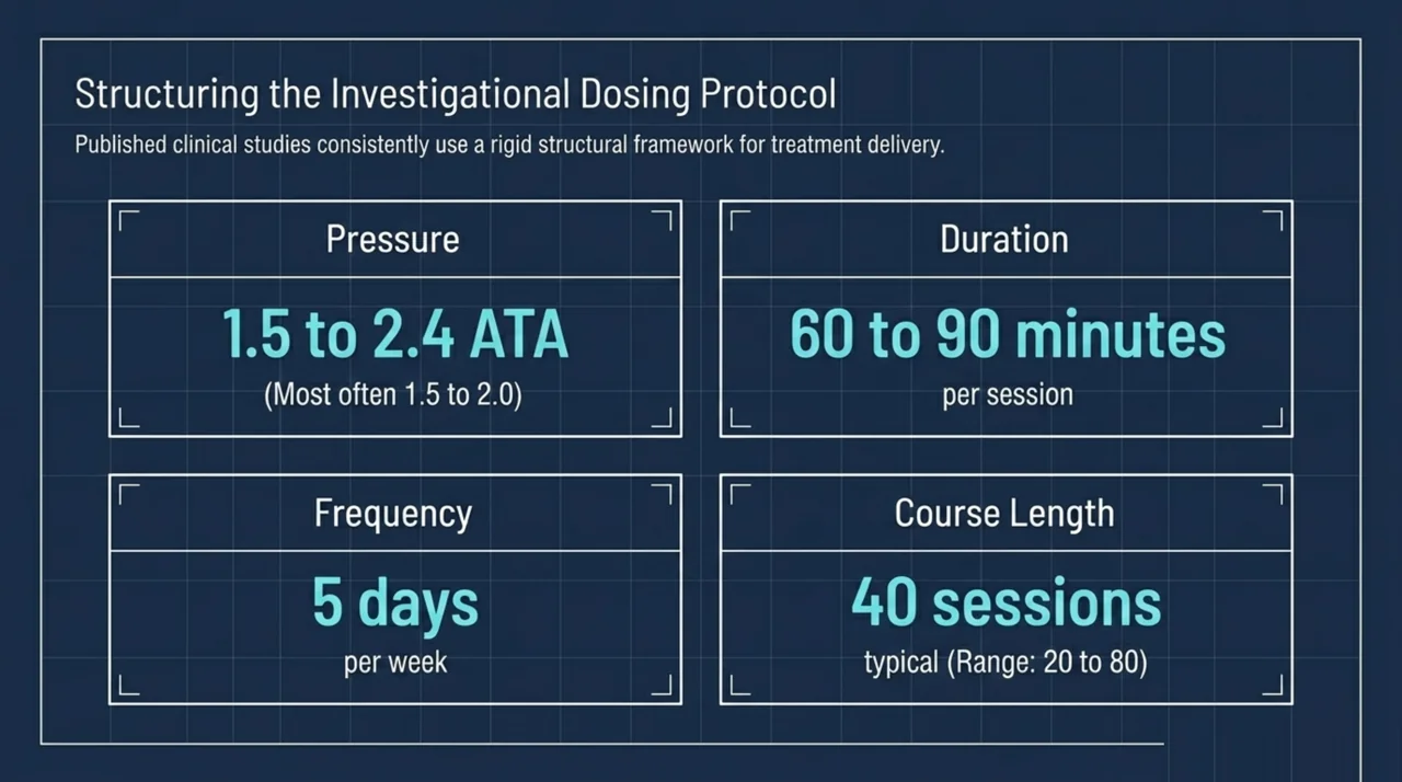 Investigational HBOT dosing protocol grid: pressure 1.5 to 2.4 ATA, duration 60 to 90 minutes per session, frequency 5 days per week, and course length of 40 sessions (range 20 to 80)