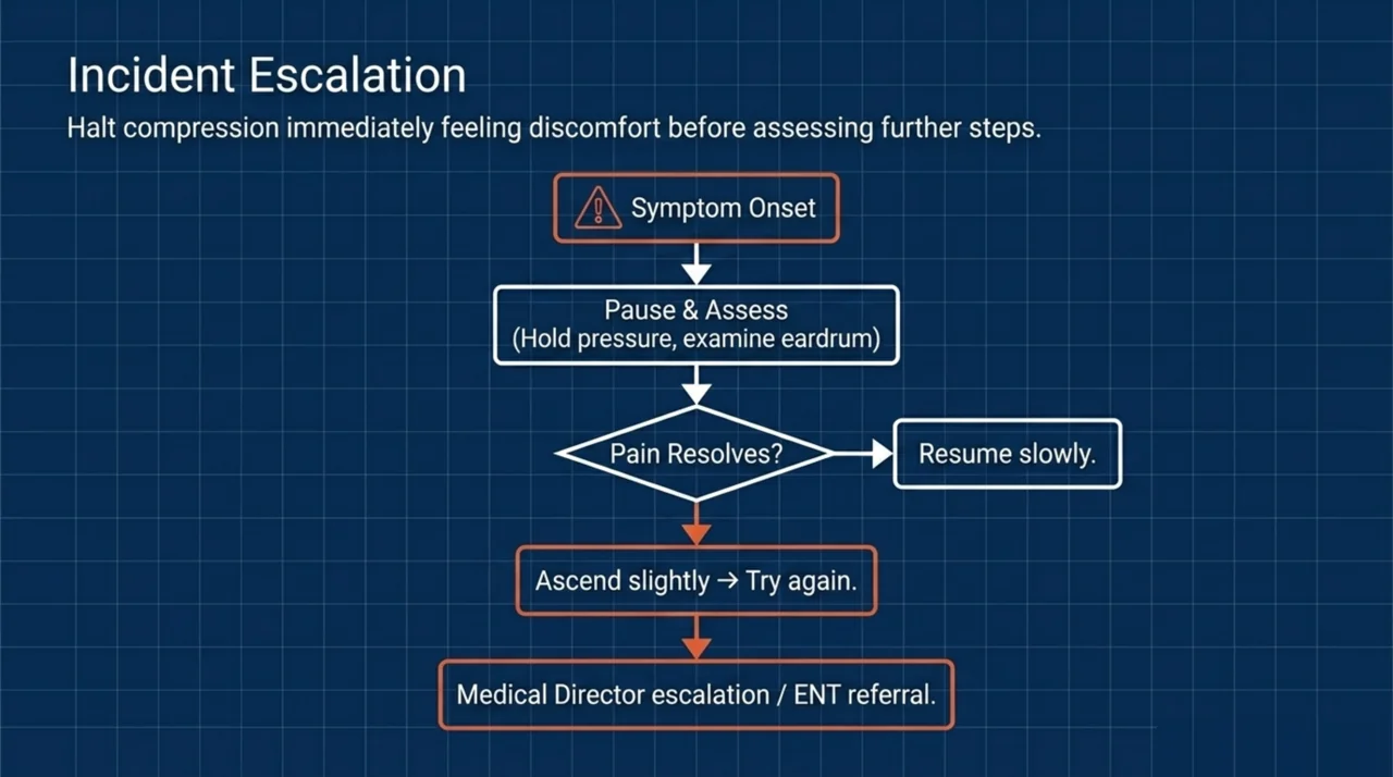 Flowchart for managing a barotrauma event: symptom onset, pause and assess, check whether pain resolves, ascend and retry, then medical director or ENT referral