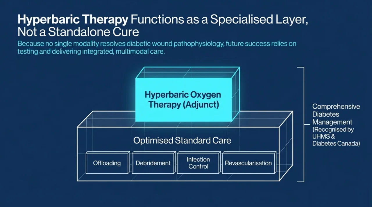 Layered diagram showing hyperbaric oxygen therapy as an adjunct above optimised standard care of offloading, debridement, infection control, and revascularisation within comprehensive diabetes management