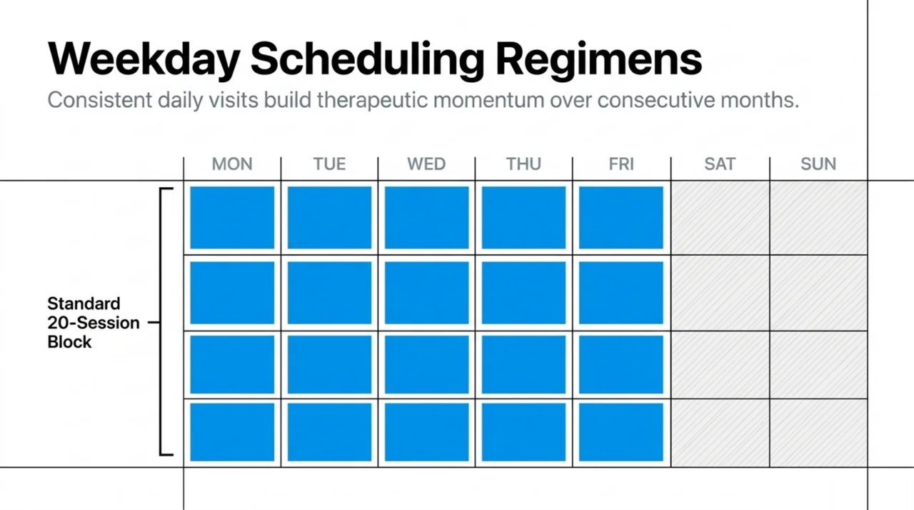 Calendar infographic of a standard 20-session HBOT block given Monday to Friday over consecutive weeks.