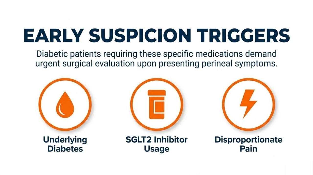 Early-suspicion triggers for necrotizing perineal infection: underlying diabetes, SGLT2 inhibitor use, and pain disproportionate to examination findings.