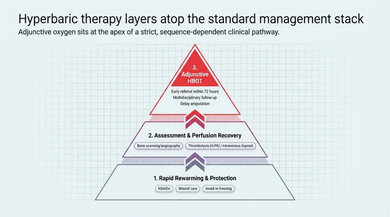 Hyperbaric oxygen is adjunctive and sits atop a sequence-dependent pathway: first rapid rewarming and protection, then assessment and perfusion recovery with imaging and thrombolysis or iloprost, then early HBOT referral with multidisciplinary follow-up.