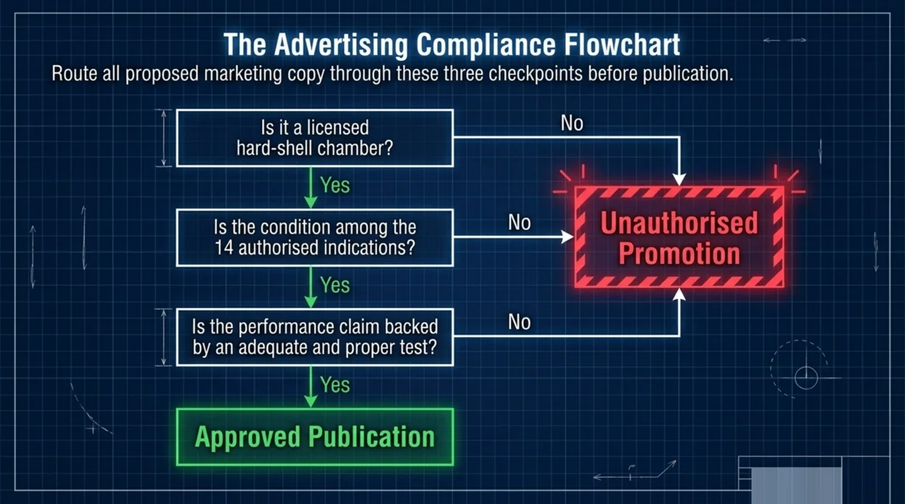 Advertising compliance flowchart routing marketing copy through three checkpoints: licensed hard-shell chamber, authorised indication, and an adequate and proper test