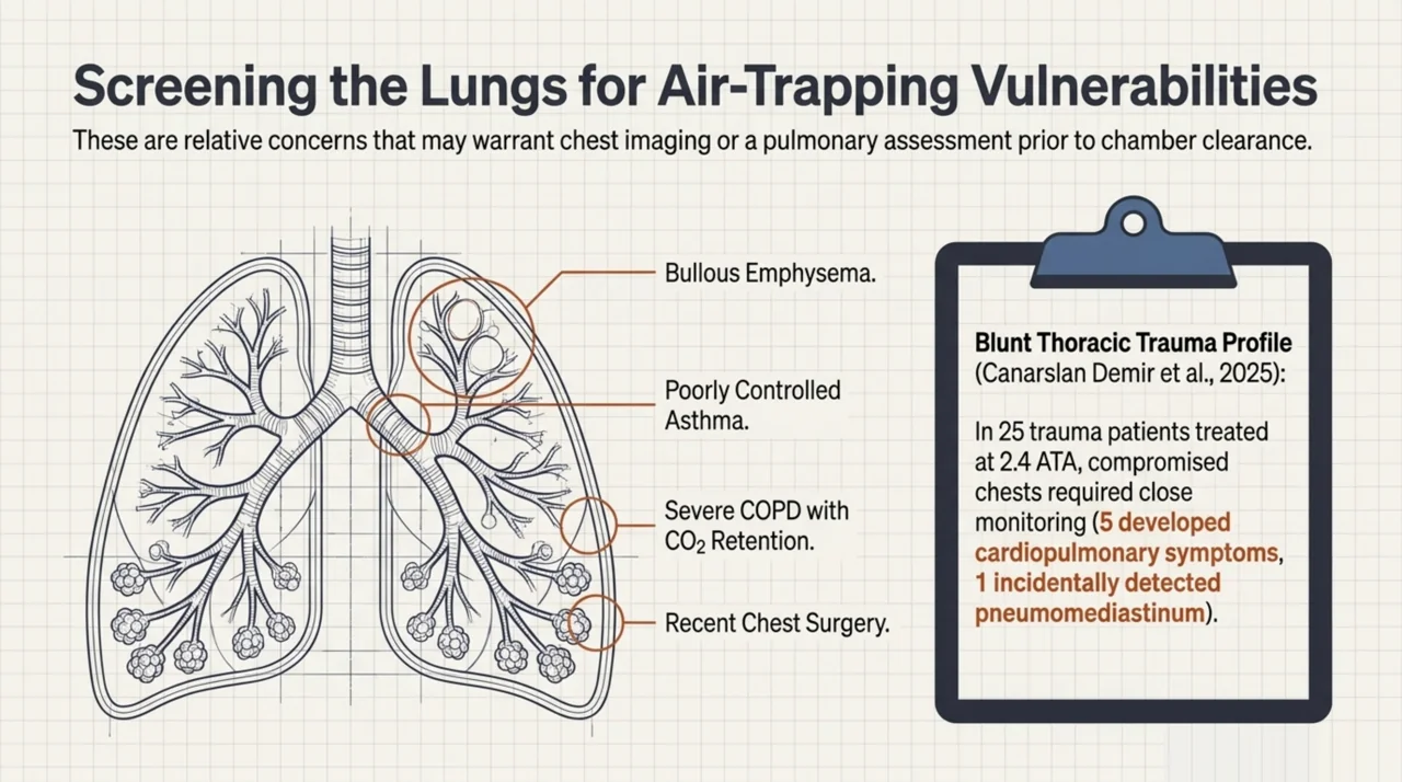 Illustration of lung conditions that warrant screening before HBOT, including bullous emphysema, asthma, severe COPD and recent chest surgery