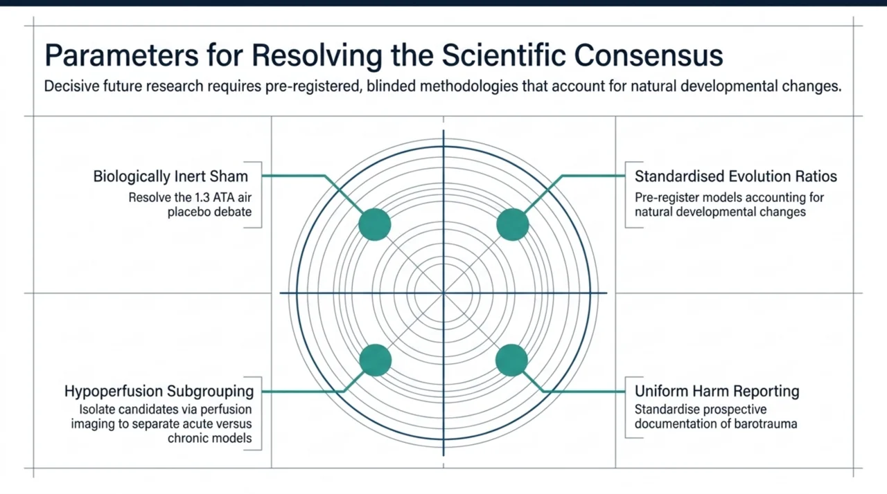 Radial diagram of the parameters needed to resolve the scientific question, including a biologically inert sham and uniform harm reporting.