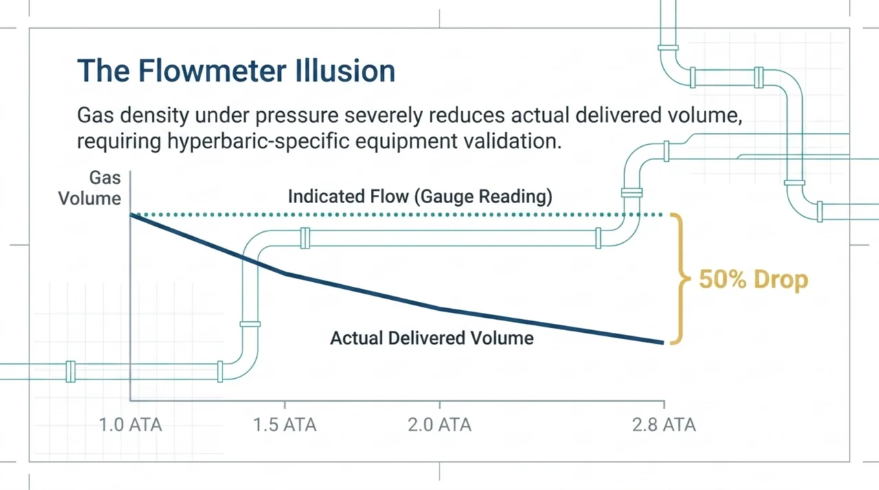 Graph showing gauge-indicated oxygen flow staying flat while actual delivered volume drops about 50 percent as chamber pressure rises to 2.8 atmospheres absolute.